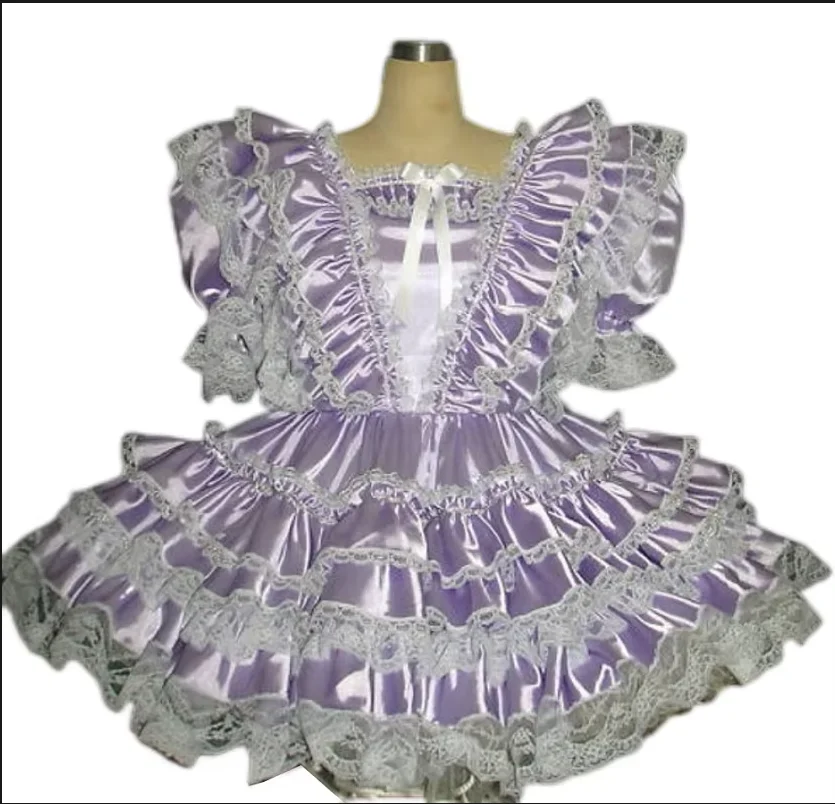 

Latest Hot Selling Adult Lockable Sissy Taffeta Pink Square Neck Adult Ruffle Maid Dress Custom