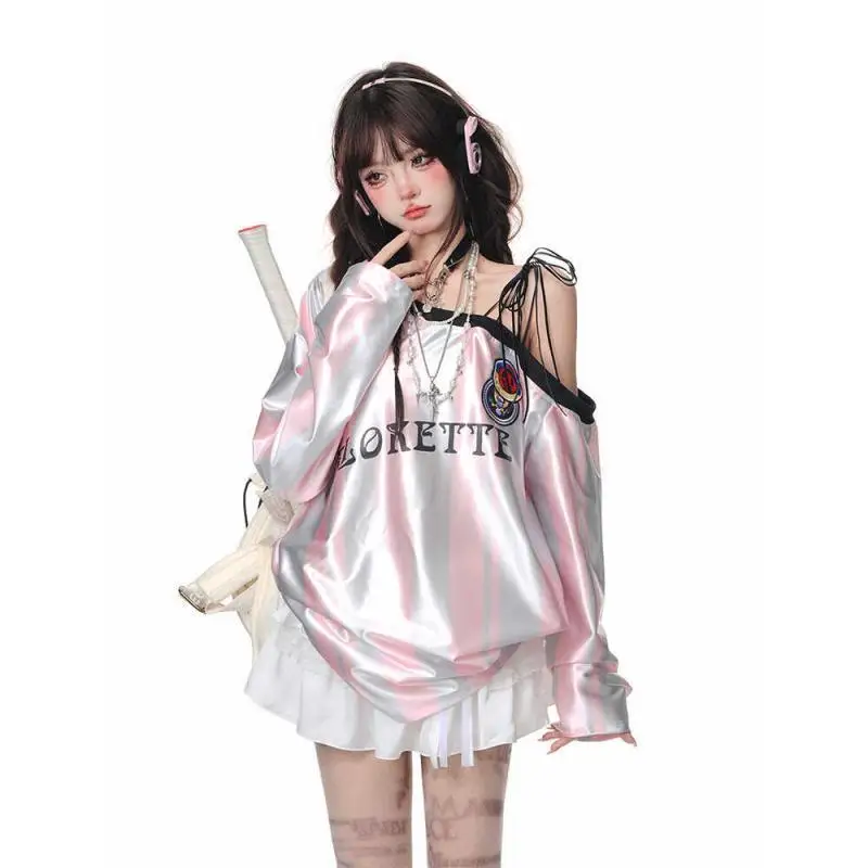 

Y2k американские ретро футболки с капюшоном женские с косым воротником на шнуровке уличная толстовка Harajuku винтажные негабаритные топы в полоску с длинными рукавами