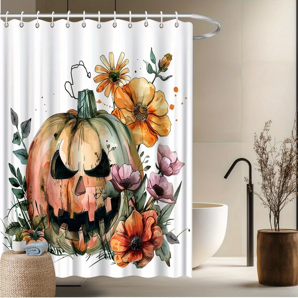 

1 шт., занавеска для душа с тыквой и цветочным принтом на Хэллоуин — акварельный фонарь Jack-O'-фонарь с осенними цветами, устойчивая к выцветанию полиэфирная ткань