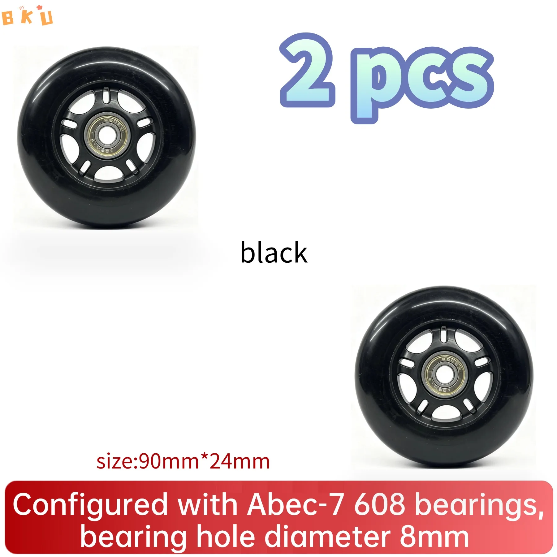 2-Pack 90mm PU Wheels with Abec-7 608 Bearings (8mm Hole) -12 Color Options for Inline Skates, Scooters, Luggage, Strollers