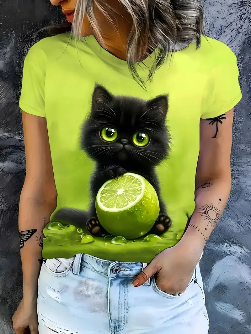 

2025 New T-Shirts for Women Fashion Cat Print Tops Summer Casual V-Neck Women's Short Sleeve Tee Cat Graphic T Shirts Clothing