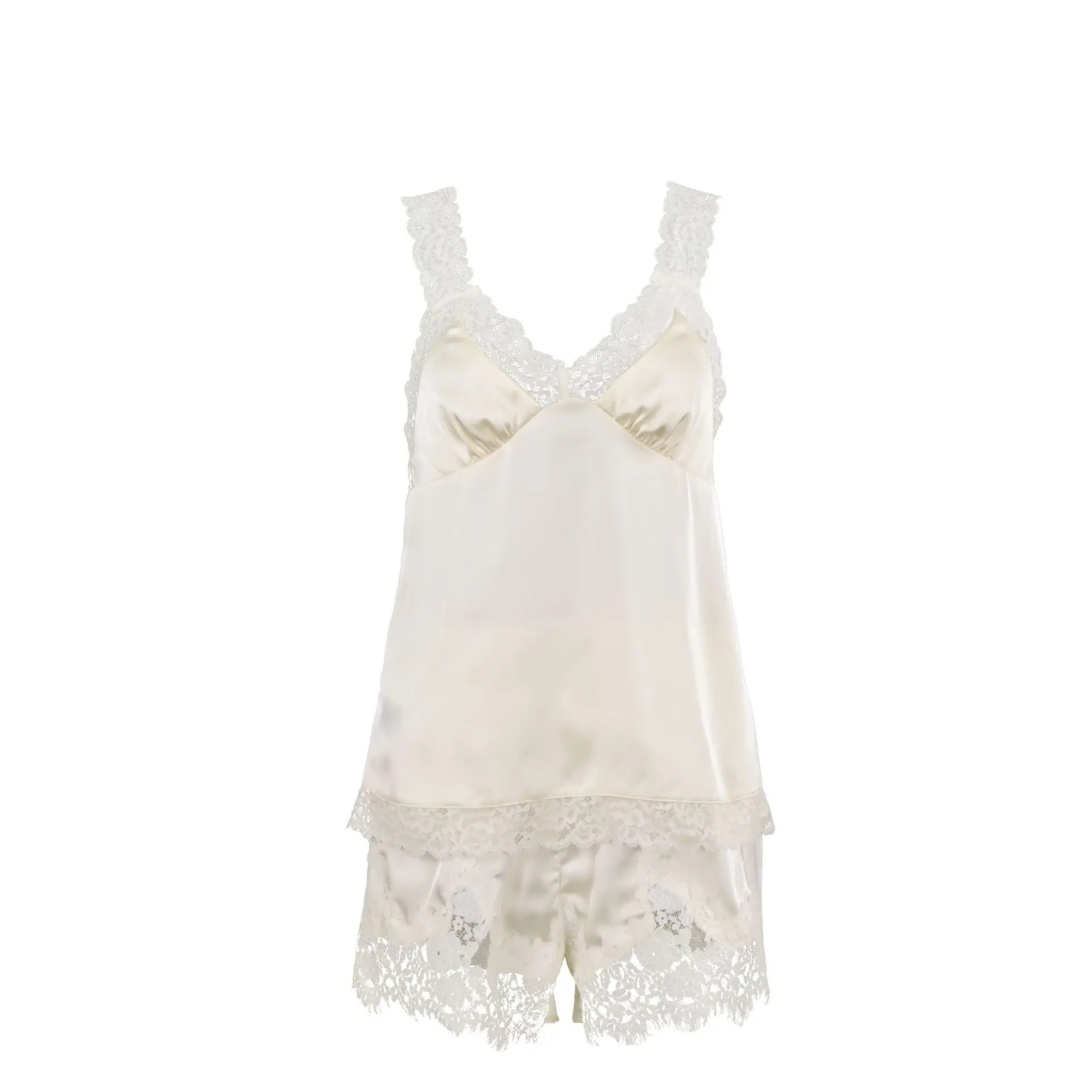 Elegant Lace Trim Satin Sleepwear Set For Women V Neck Thin Strap Camisole Lace Hem Shorts Silky Soft Casual Home Loungewear