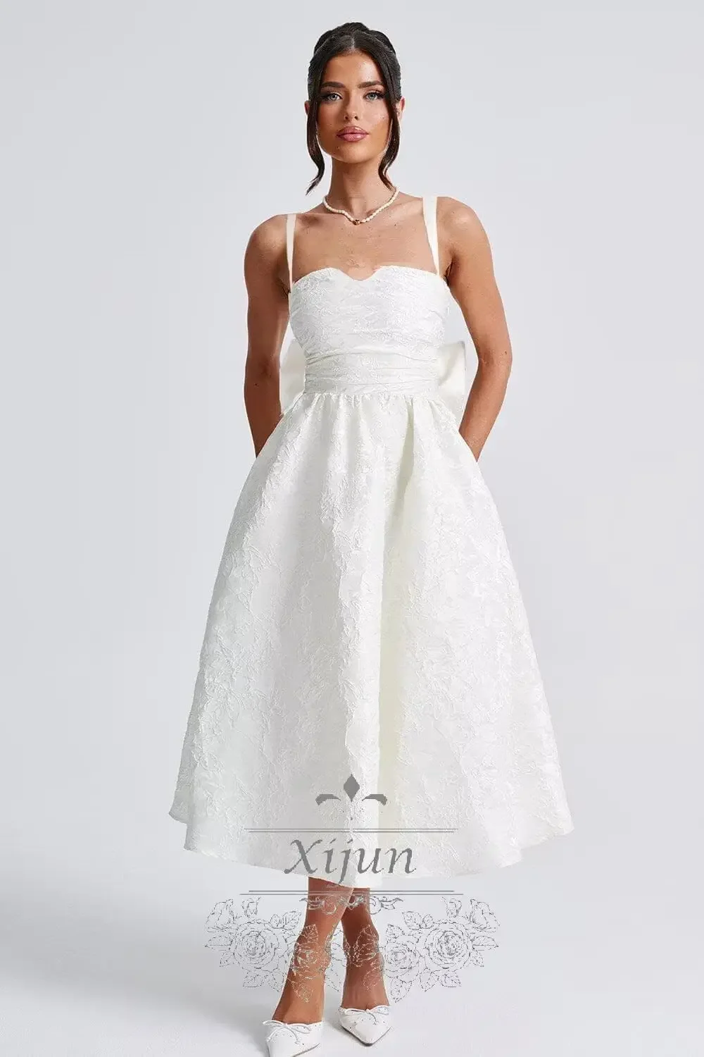 

A Line Formal Party Gown for Women Evening Graduation Dress Jacquard Satin Prom Dresses Tea Length with Bow Open Back Bodycon