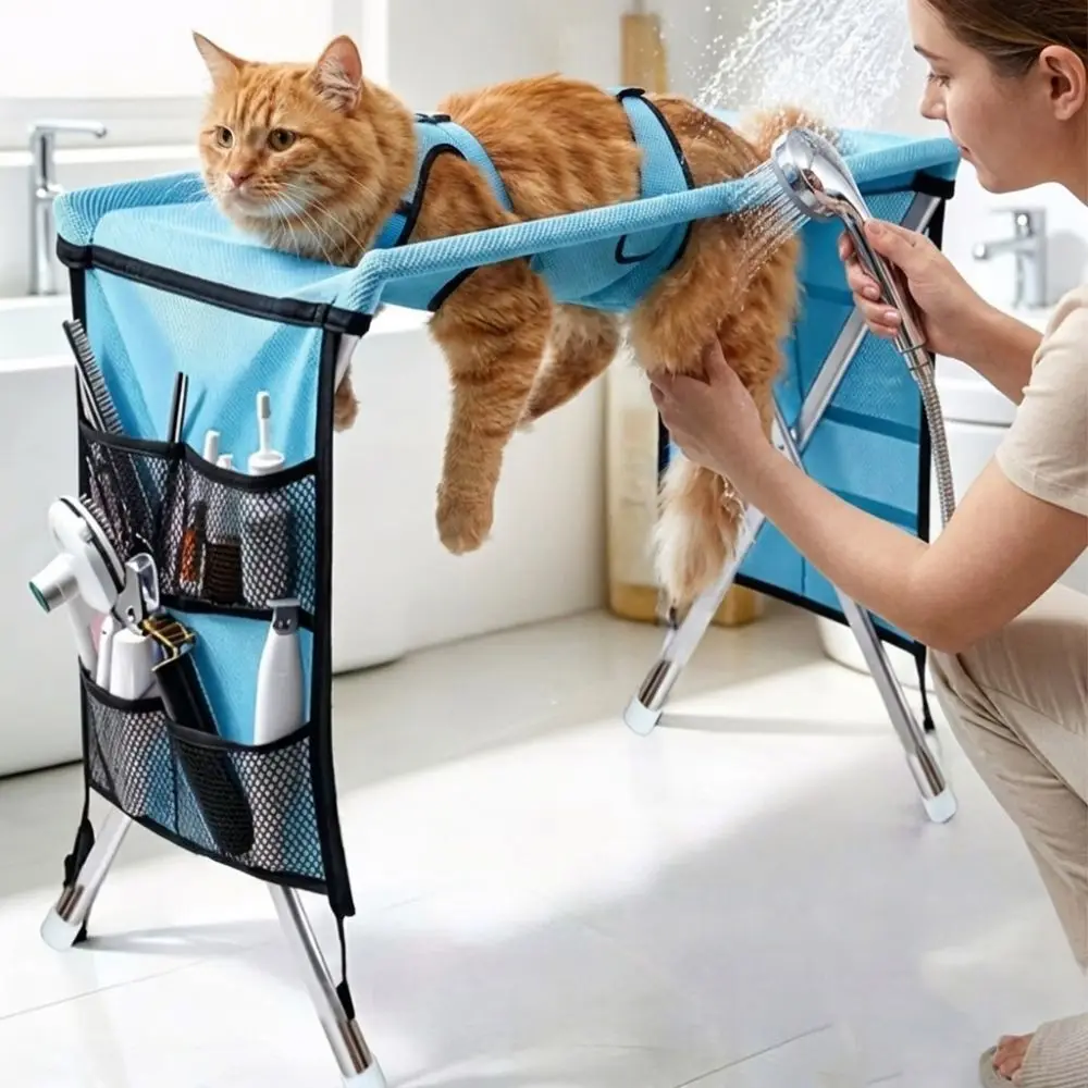 Folding Pet Grooming Hammock Quick Drying with Support Frame Pet Washing Station Detachable Sturdy Dog Grooming Table