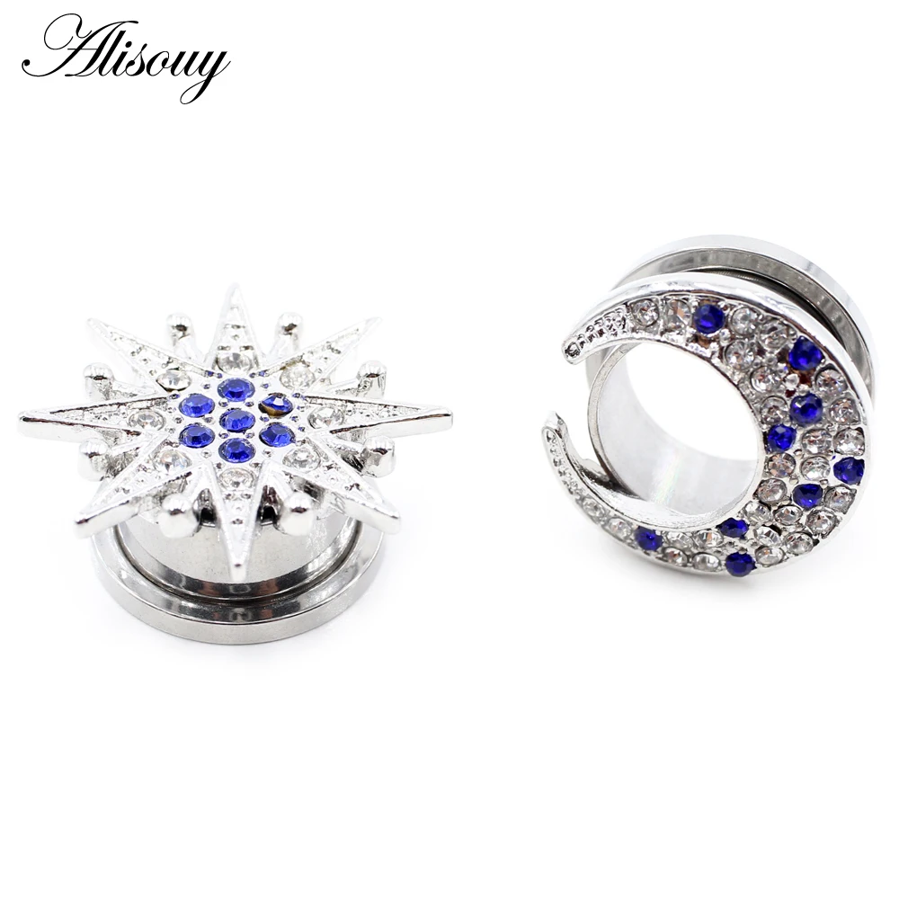 Alisouy 2pcs Stainless Steel Flower Zirconia Moon Star Clock Heart Screw Ear Tunnels Plugs Expander Gauges Body Piercing Jewelry