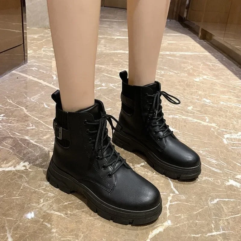 Woman Boots Fashion Platform Heel Round Toe Ankle Boots British Style Belt Buckle Solid Color Splice Lace Up Booties Botas Mujer