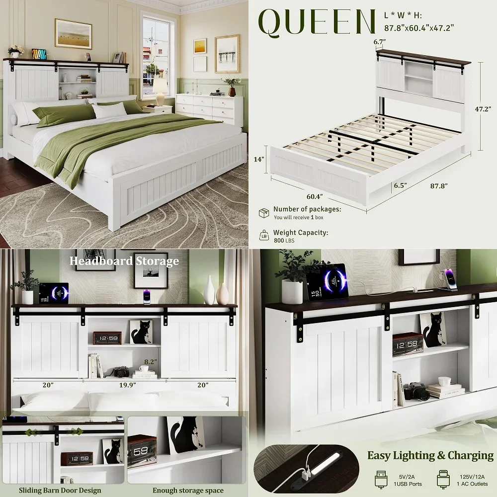 

Wooden Bed Frame King Size with Storage Headboard, Boho Platform Bedframe with LED Lights and Charging Station, Metal Slats Sup