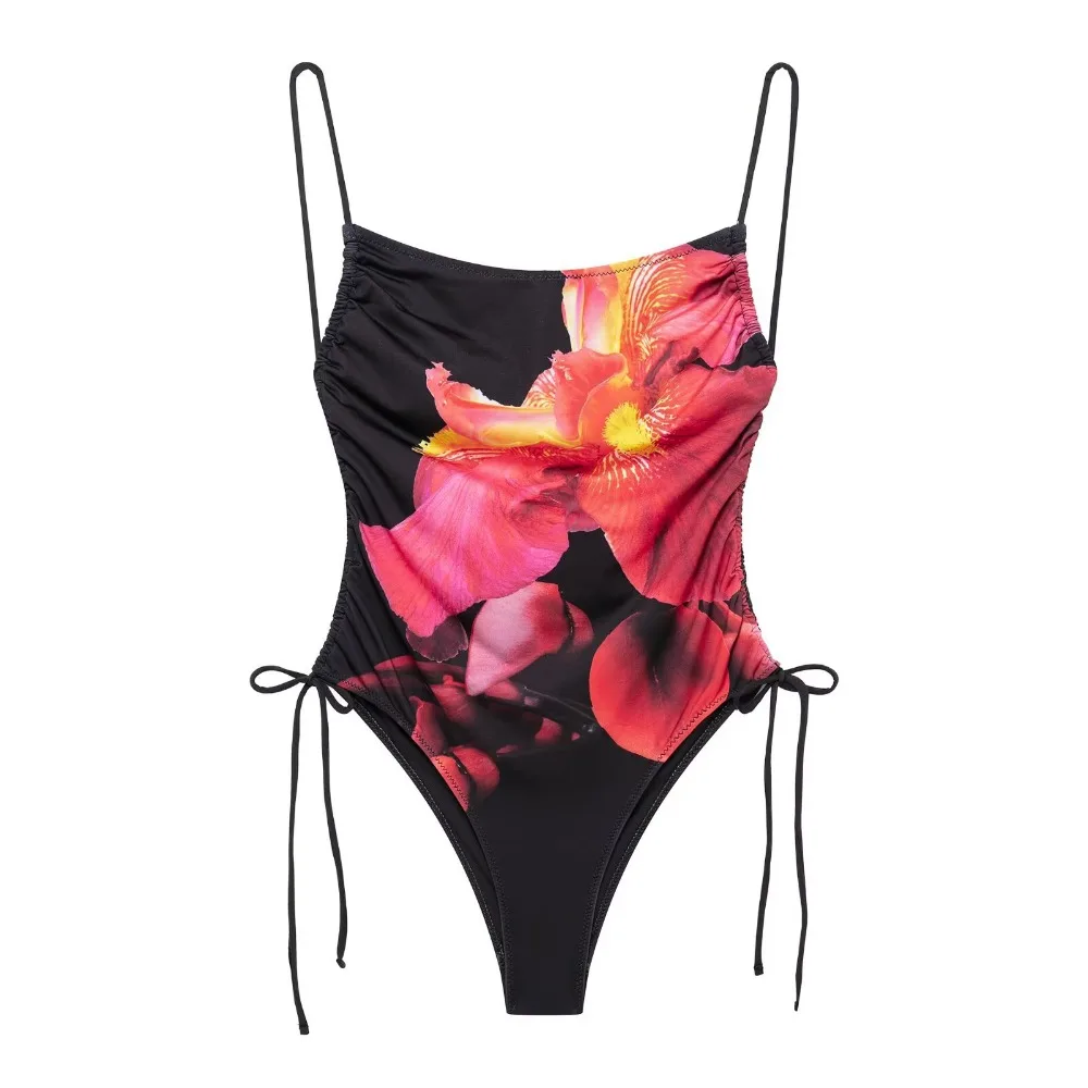 

Women One-Piece Suits Sexy Floral Print Swimsuit Bathing Suit Summer Fashion Drawstring Swimwear Bandeau Biquini 2025 New