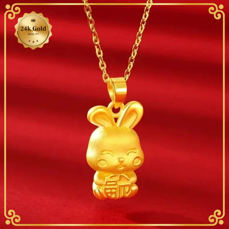 

Luxurious 24K gold lucky rabbit pendant 999 cute little rabbit necklace AU750 temperament clavicle chain womens jewelry gift