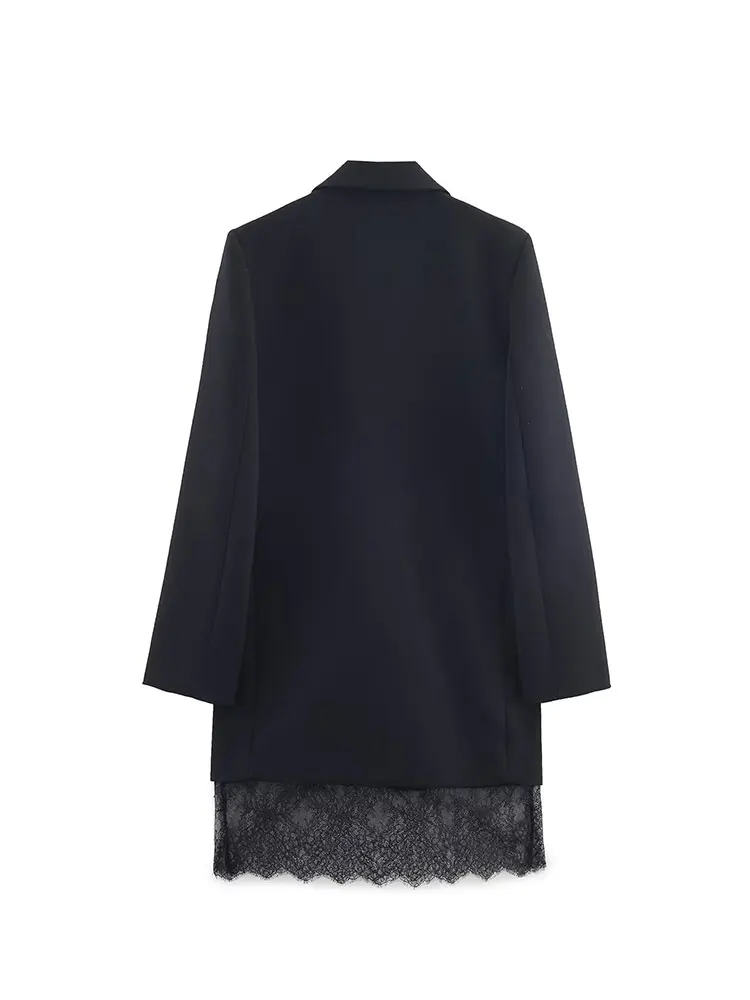 Nlzgmsj 2025 ファッションレーススプライシングショートドレス レディース 長袖ブレザー ミニドレス 女性用 シックでエレガントなオフィスレディドレス