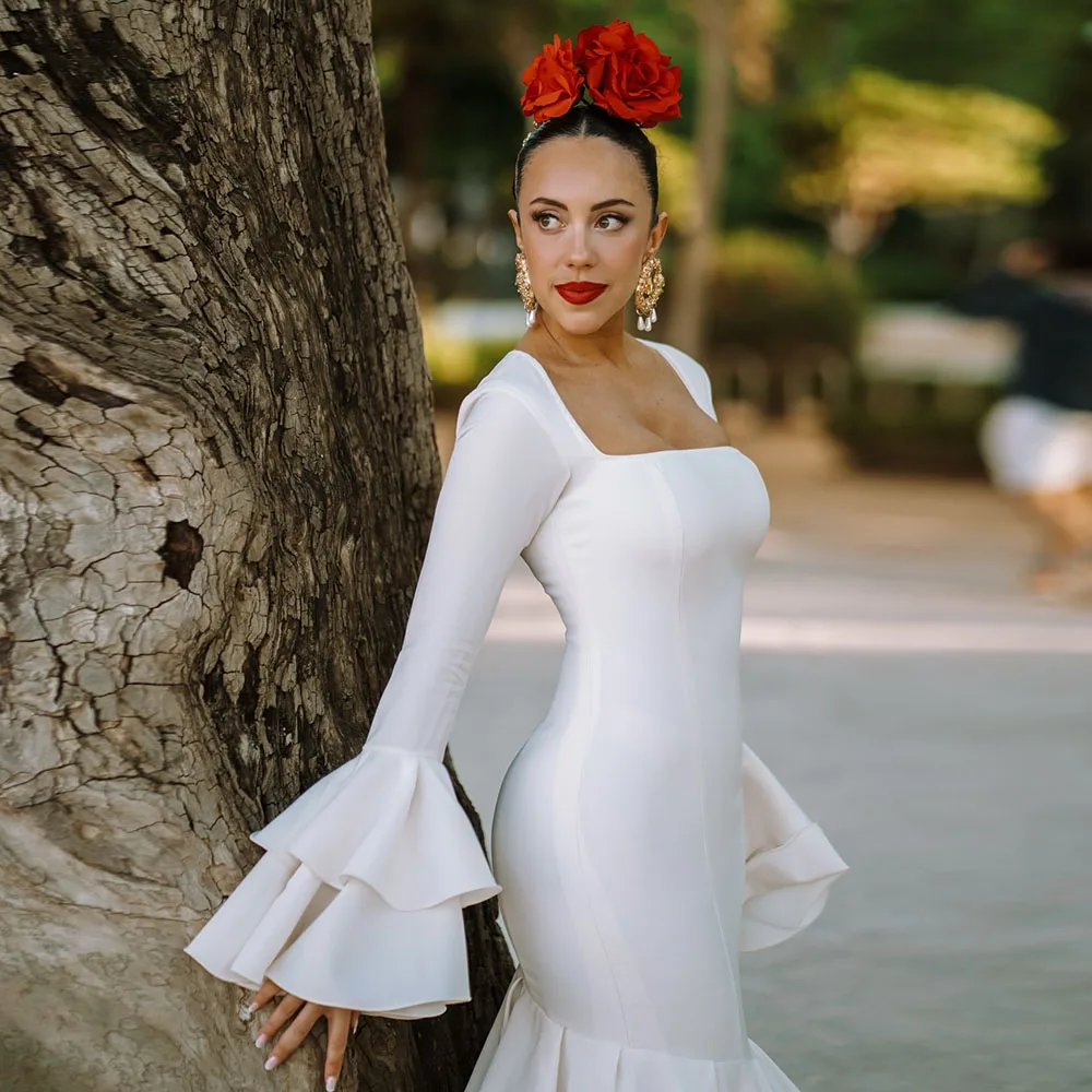 Vestido de baile de graduación Flamenca, mangas largas, satén blanco, vestidos formales españoles para ocasiones de noche, vestidos de fiesta de Gala personalizados