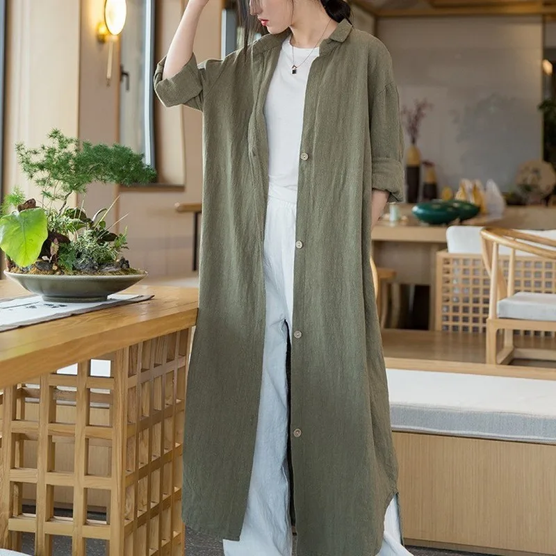 ゆったりとしたヘンプコットンカーディガン、膝丈、無地、多用途、秋の新作、レディース通勤、スリーブロングコート