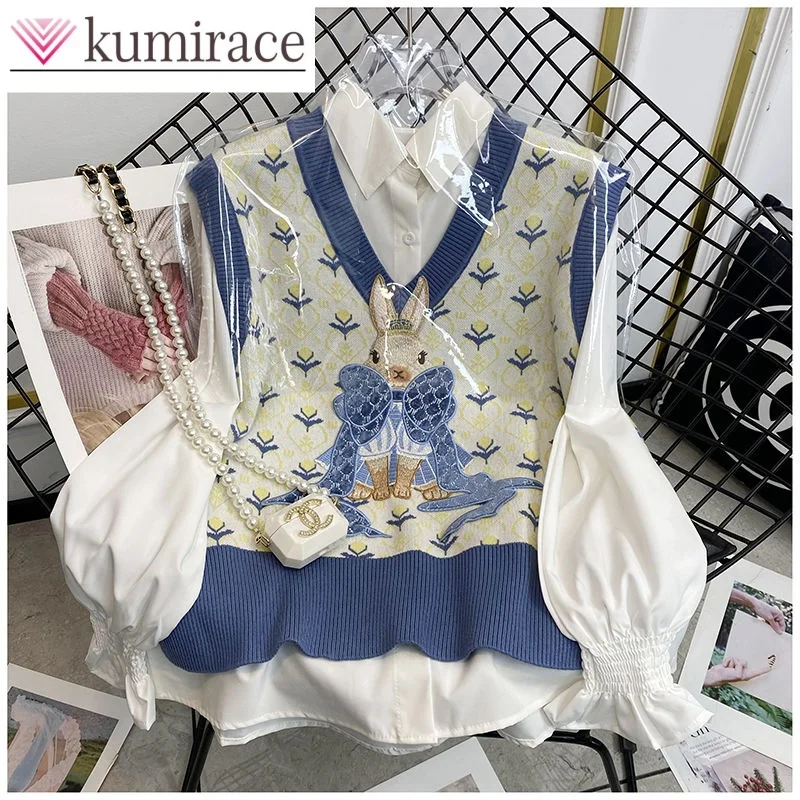 Autumn New Retro Cartoon Knitted Vest Sweater Women\'s Casual Top White Shirt Matching Outfit Set