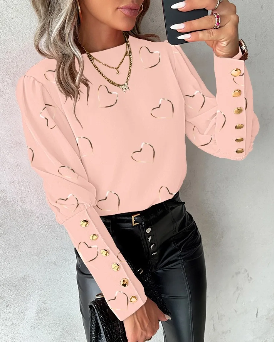 2025 Women Spring Shirts Heart Print Round Neck Long Sleeve Loose Blouses Fashion Casual Button Elegant Office Ladies Tops