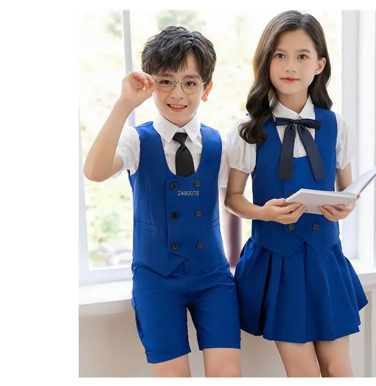 Boys Girls Summer Royal Blue Vest Shorts/Skirt Photograph Dress School Kids Uniforms Children\'s Day Performance Dance Costume