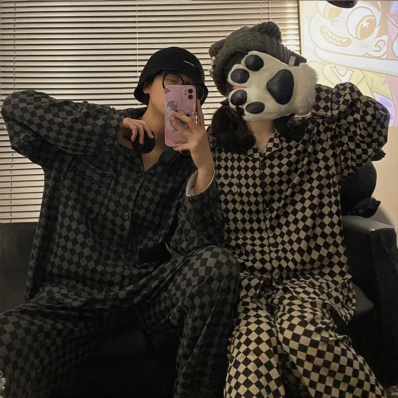 Couple Casual Sleepwear Women\'s Lounge Long Sleeve Top and Plaid Pants Soft Pajamas Comfortable Fashion Couple Home Suit