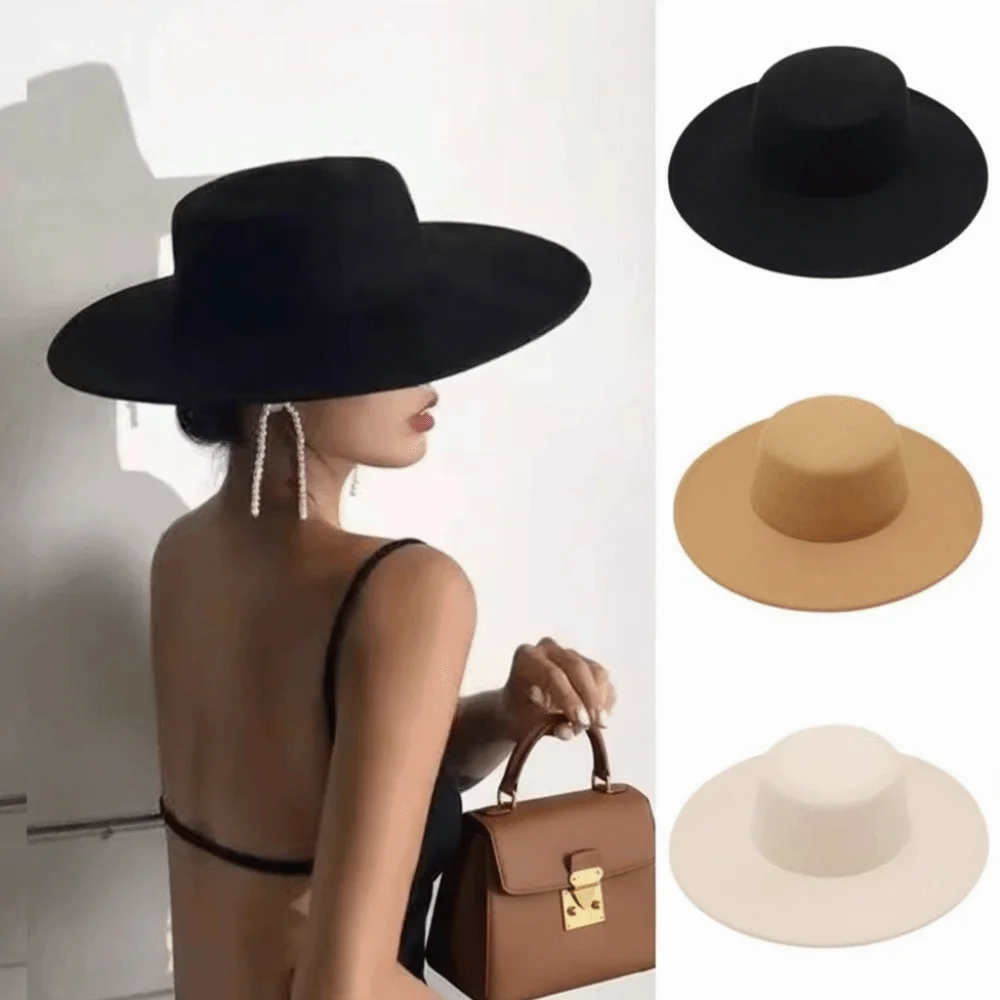 Church Elegant Women Flatcap French Hepburn Style Wide Brim Felt Hat Dame Hat Retro Flat-top Cap Women