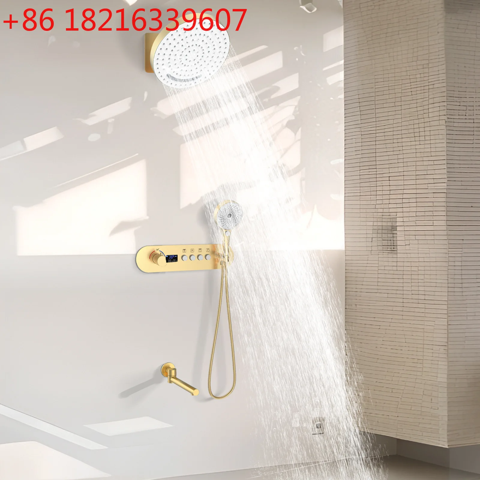 Brushed gold wall type concealed shower set, full set of digital display constant temperature shower shower