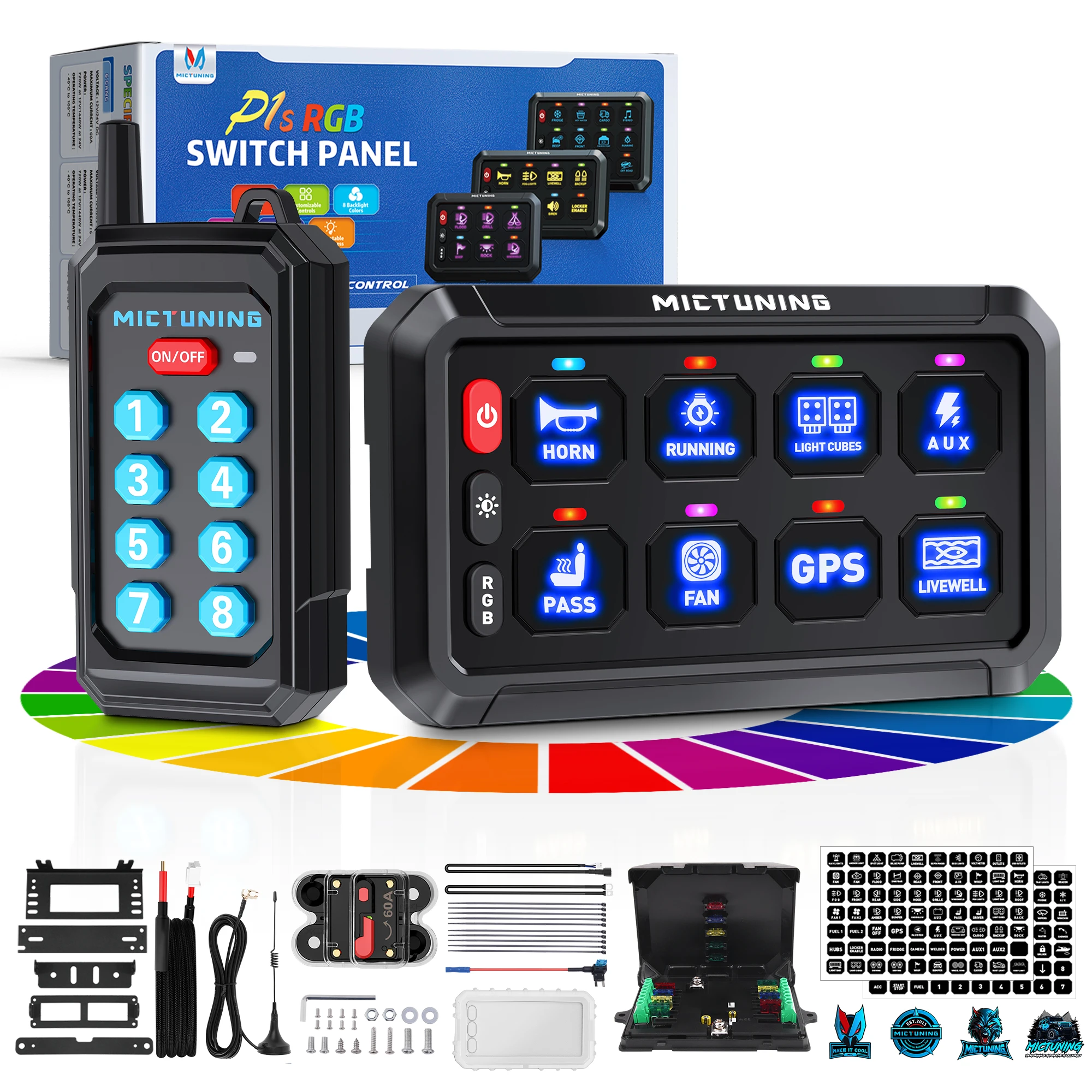

Mictuning 8 Gang Switch Panel P1Y RGB Switch Panels with Wireless Remote Control Up to 230FT Range Automotive Switch Pod for Car