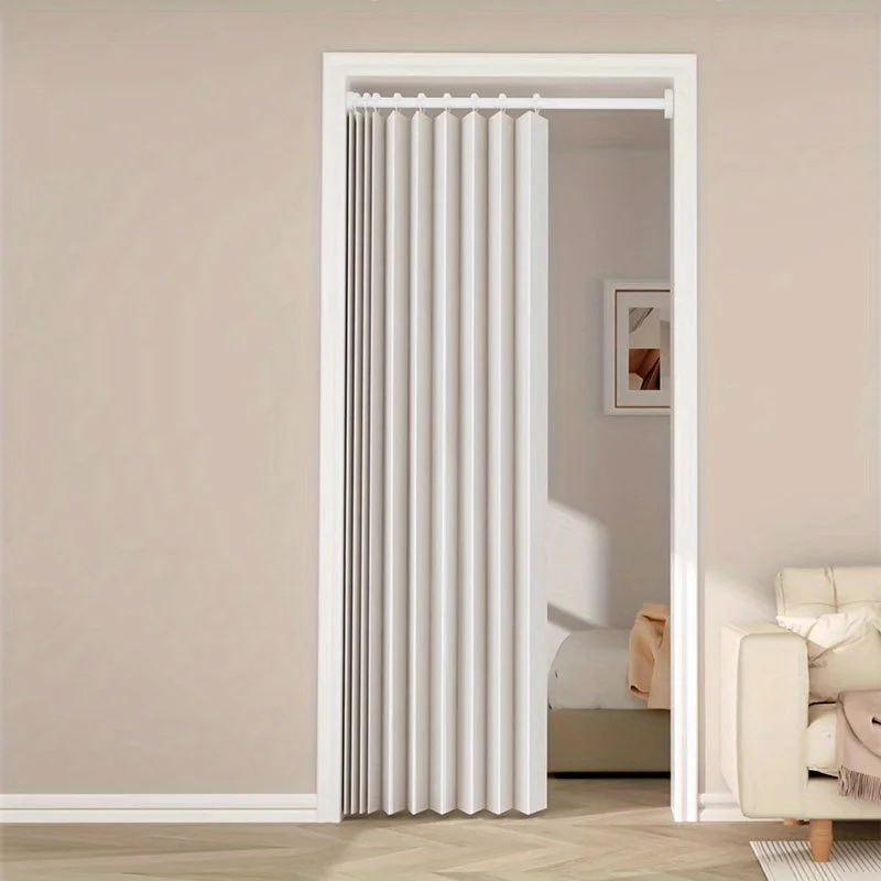 Cortina de Porta Dobrável Estilo Minimalista - Faixa Divisória à Prova de Vento com Gancho e Correia de Armazenamento, Decoração Moderna em Poliéster Adequada