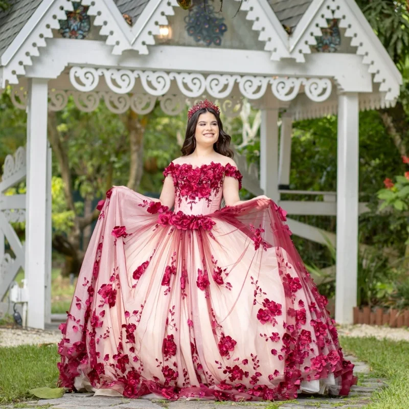 Gaun Quinceañera merah anggur khusus, model off-shoulder dengan hiasan glitter dan bunga 3D, ekor panjang, Vestido 15 Quinceañera