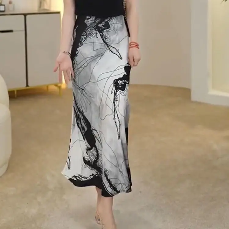 

Retro Print High Waist Midi Skirt Summer New Split Slim Fit Pencil Long Skirt