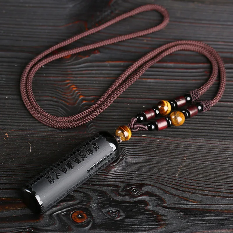 Natural Black Obsidian Prajna Paramita Sutra Engraved Buddha Necklace Pendant Lucky Tiger Eyes Beads Rope Chain For Men Women