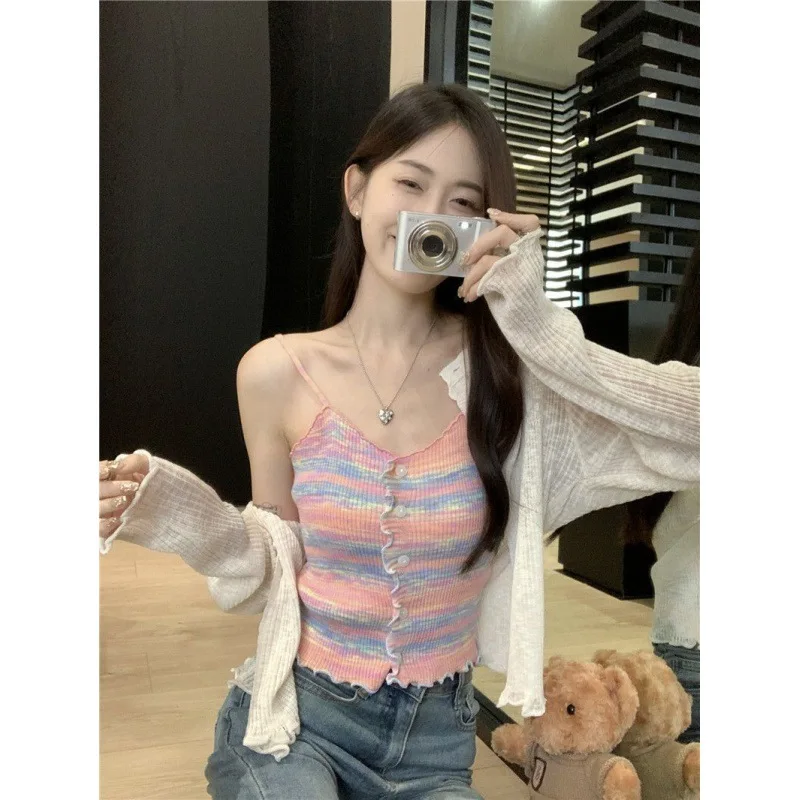 Women's Slim Fit Knitted Stripe Tank Top Set Summer Thin Sleeveless Top Sun Protection Open Cardigan Two Piece Set Wood Grain...