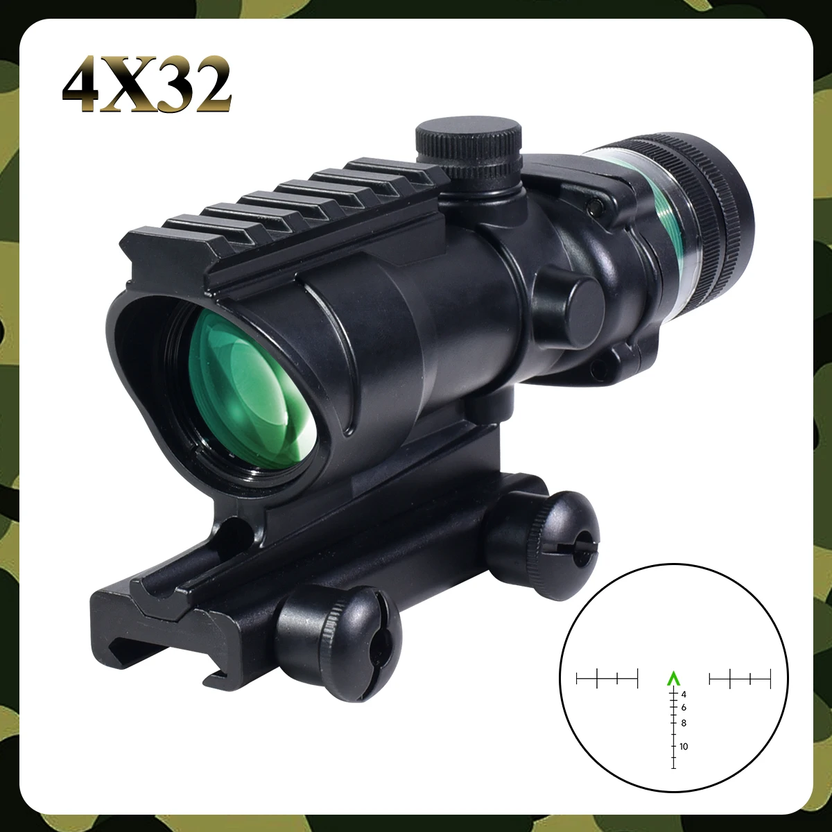 

Tactical 4X32 Green Fiber Optics Hunting Sight No Battery Required Illuminated Riflescope Accessory Fit 20mm Rail Mount