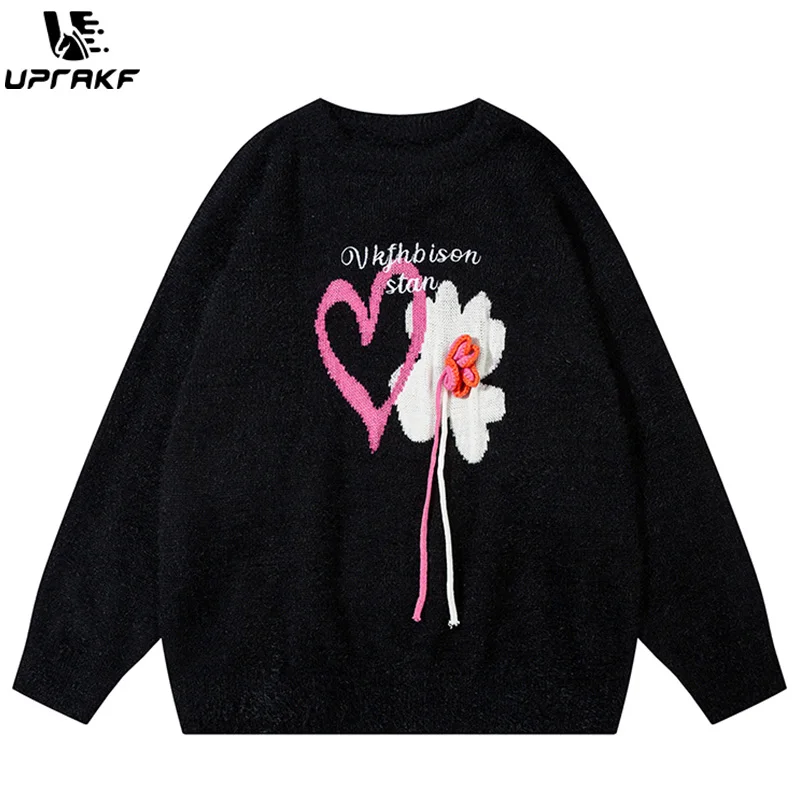 

UPRAKF Heart Shaped Flower Sweater Long Sleeves Round Neck Chic Pullovers Oversize Autumn Casual Warm