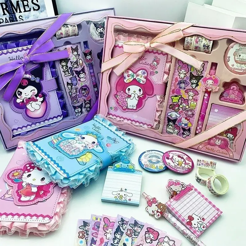 Set de Regalo de Papelería Sanrio, Cuaderno con Encaje de Kuromi y Hello Kitty, Pegatinas, Bolígrafo, Cinta Washi, Regalo de Cumpleaños Kawaii para Niñas