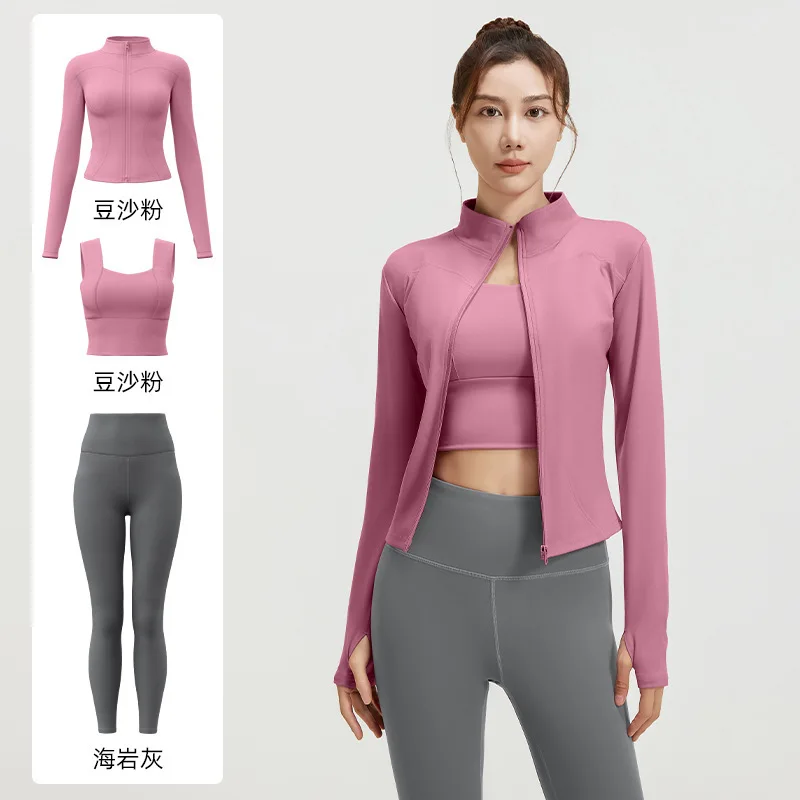 Women Spring Autumn 3 Piece Yoga Set High Stretch Zip Up Jacket Fixed Pad Wide Strap Bra Slim Fit Peach Hip Leggings Workout