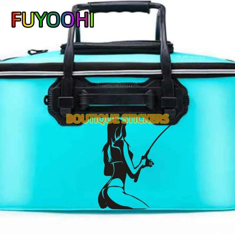 FUYOOHI Sexy Girl Go Fishing Sticker Bucket Tackle Shop Fishhook Sticker Fish Tank Boat Box Funny Vinyl Car Decal