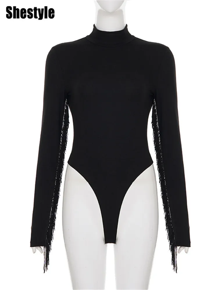 Shestyle الأسود شرابة أزياء داخلية النساء الياقة المدورة عالية الخصر زر ثونغ ضيق مثير جرلي نمط قمم طويلة الأكمام عموما #5