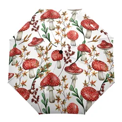 Mushroom Berry Leaves Automatic Umbrella Folding Umbrella Outdoor Printed Rain Umbrella for Women Kids Parasol