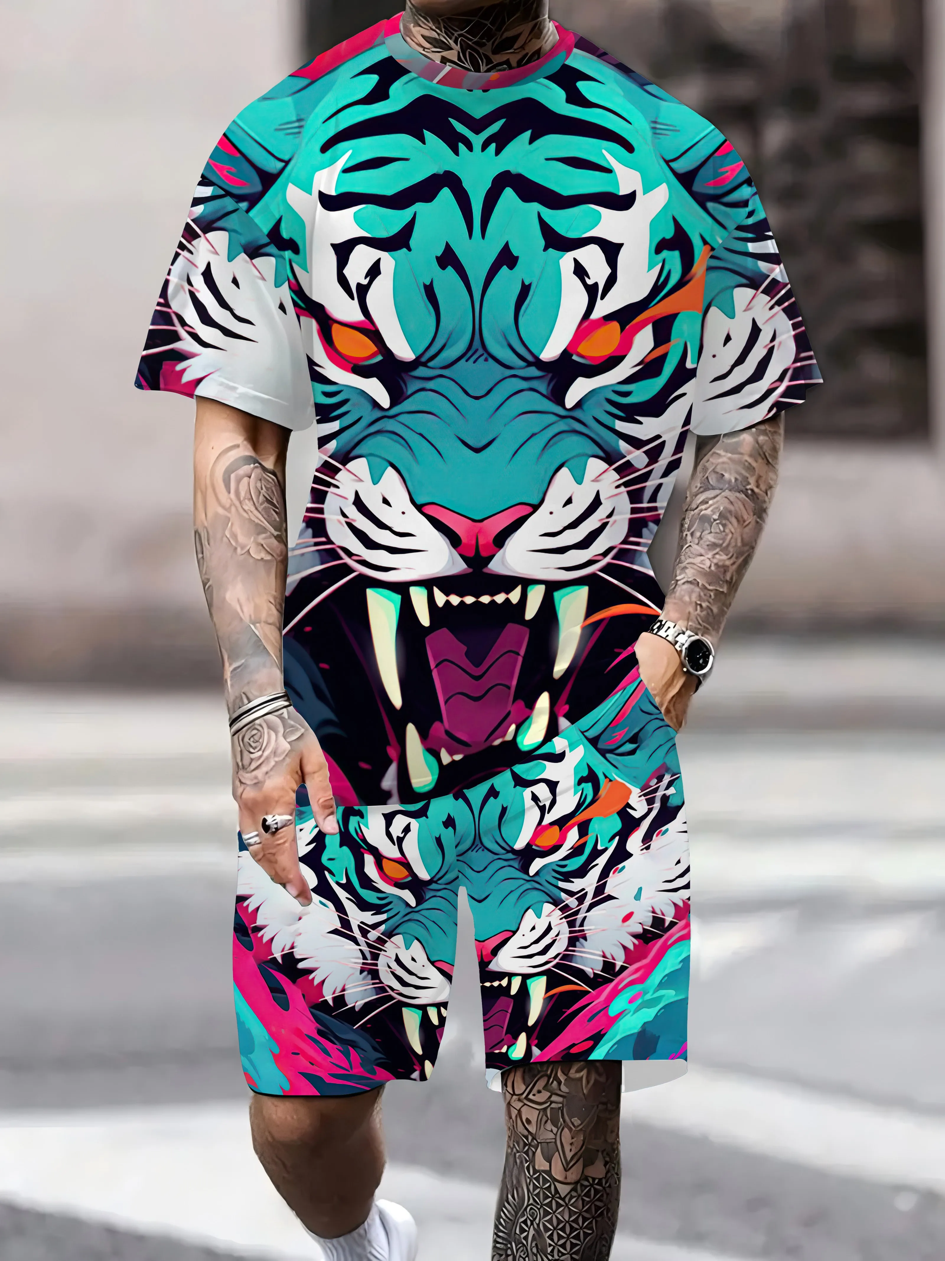 

2025 Summer 3D Printed T-shirt and Shorts Set for Daily Casual Men's Urban Street Fashion Short Sleeved Outdoor Sportswear