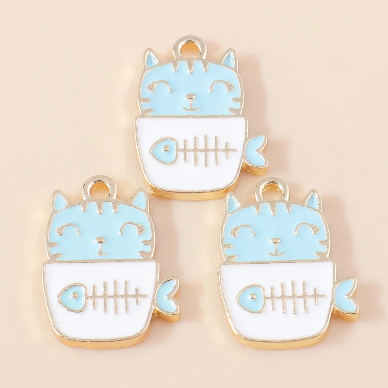 

20pcs 14x19mm Cartoon Animal Charms Enamel Cat Eat Fish Charms Pendants for Jewelry Making Necklaces Earrings DIY Craft Supplies
