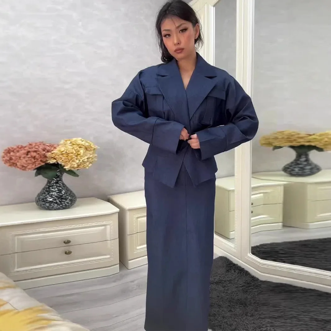 Elegant Long Sleeve Lace-up Shirt With High Waist Long Skirt Set For Woman Temperament Spring Office Lady Outfits