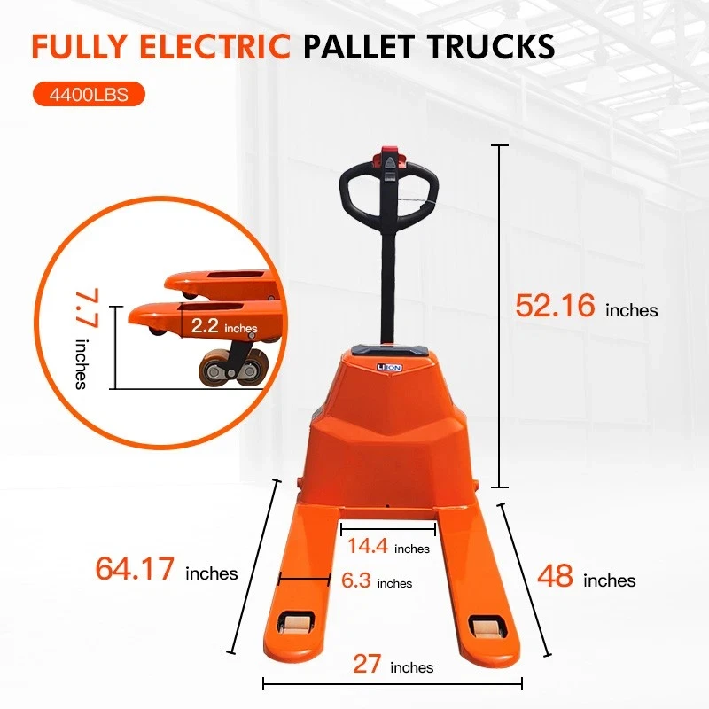 Wózek paletowy elektryczny o udźwigu 2000 kg, widełki 122x68 cm do transportu materiałów, odpowiedni do magazynów i supermarketów.