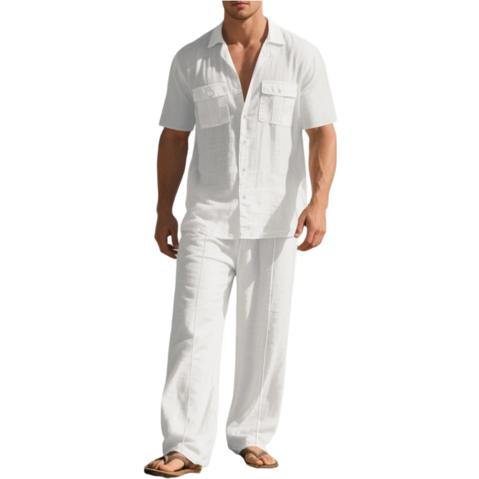 Abito da uomo casual in due pezzi in lino tinta unita risvolto doppia tasca con bottoni camicia a maniche corte pantaloni larghi con lacci in vita elastica