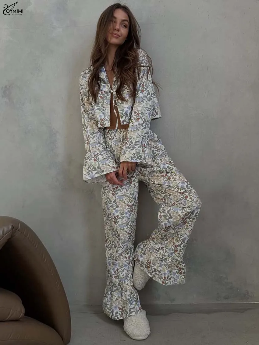 

Oymimi Fashion White Print Women' S Clothes 2 Piece Sets Casual Long Sleeve Lace-Up Crop Shirts + Ruffled Full Length Pants Sets