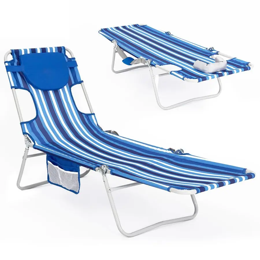 

Folding Tanning Chair with Face Hole, 5 Positions Face Down Beach Lounge Chairs with Pillow for Outside Sunbathing Poolside Blu