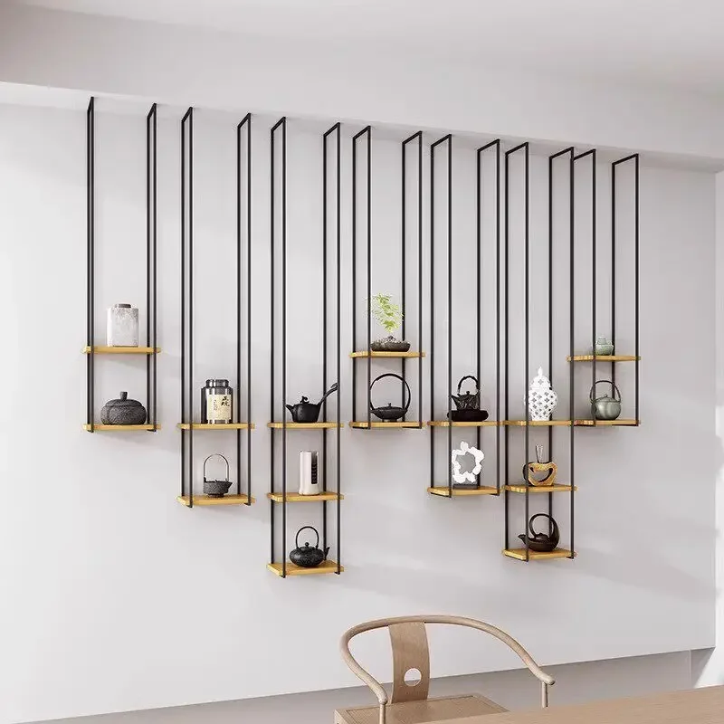 New Chinese tea room background simple wrought iron hanger wall rack multi-layer hanging tea set Zisha pot display stand