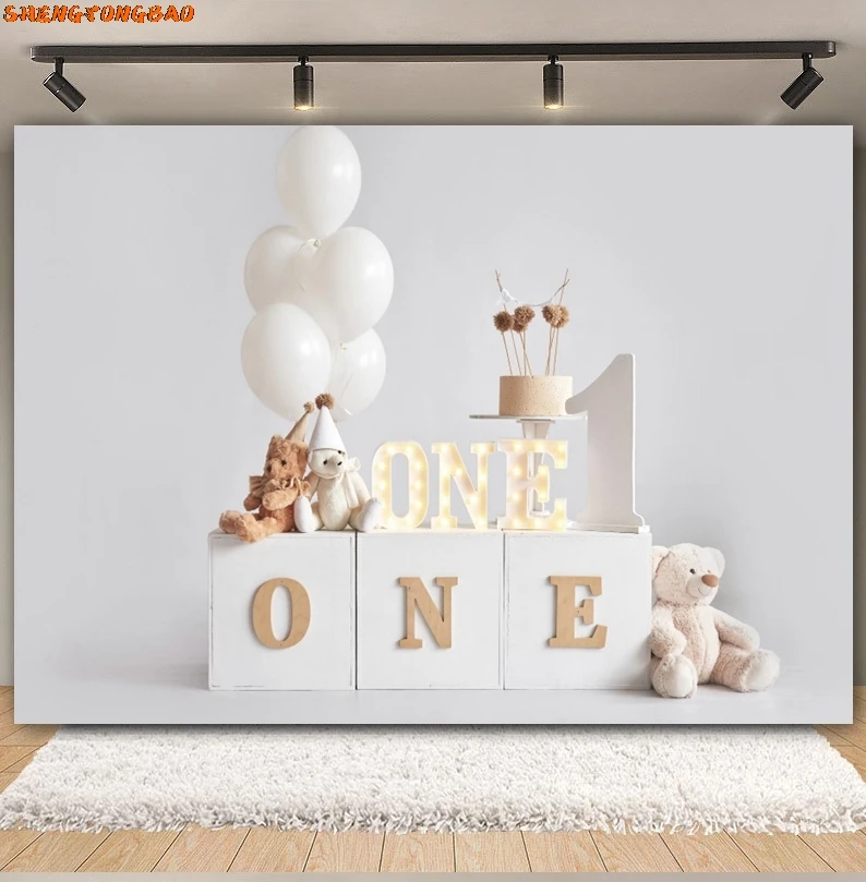 

Newborn Baby 1st Birthday Photography Backdrop Balloons Tent Bear Cake Smash Kids Birthday Party Baby Portrait Background Props