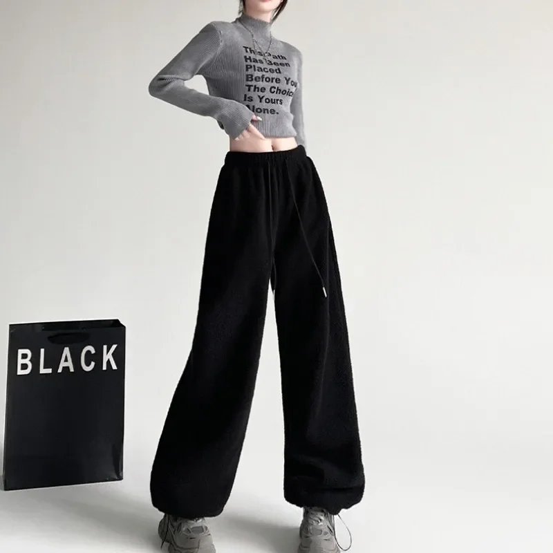 المرأة بنطال ذو قصة أرجل واسعة شتاء 2025 نمط جديد على الوجهين الصوف عالية الخصر فضفاض مستقيم الساق السراويل بناطيل كاجوال دافئة