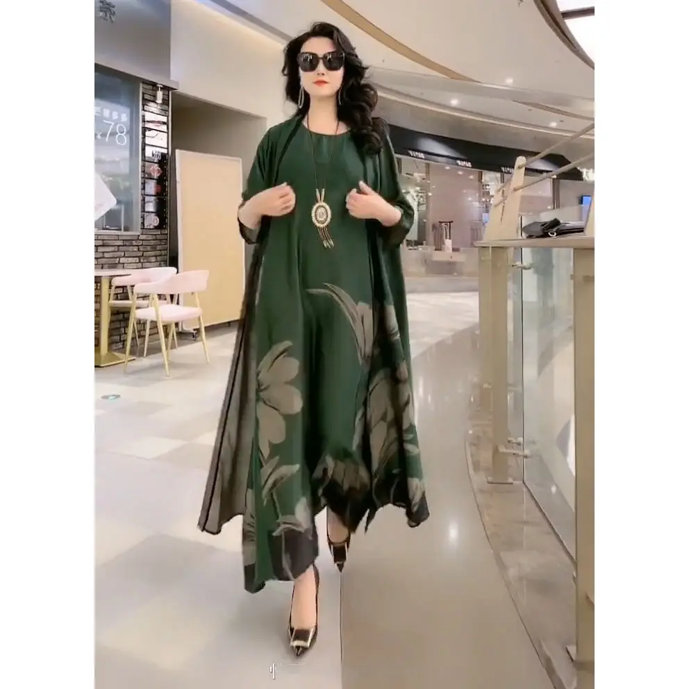 2024 Spring/Summer New Silk Dress Two Piece Set Women\'s Flower Print Plus Size Dress Casual Vintage Long Dress Mom\'s Dress