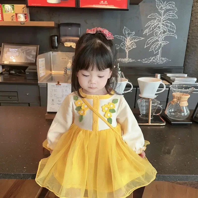 Autumn Yellow Flower Lace  Floral Dress Lolita Child Girls Casual Midi Dress Children Dresses For Teens Party Princess Sundress