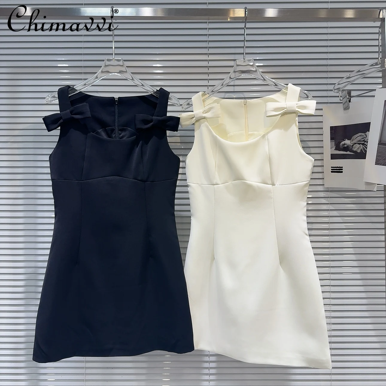 

2024 Summer Clothes New Fashion Commuter Bow Shoulder Strap Design Solid Color Dress Lady Temperament Short Sling Dresses Women