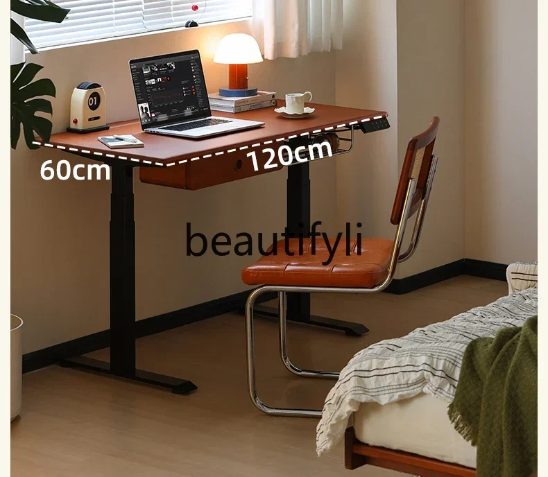 Solid wood electric lifting table retro furniture dual motor learning office desk game table