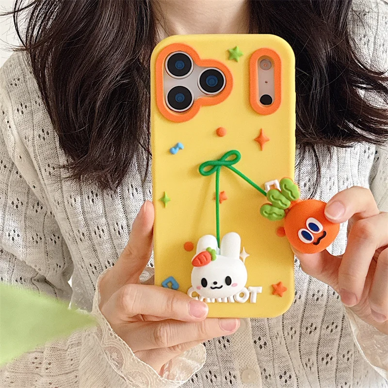 

Cartoon Cute Patterns Soft Silicone Case for iphone 17promax 16 15 14 Plus 12 13 Pro Max 3D Rabbit Carrot Hang rope pendant